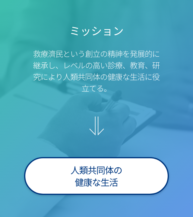 MISSON 구료제민의 창립정신을 발전적으로 계승하고 수준높은 진료, 교육, 연구를 통하여 인류 공동체의 건강한 삶에 기여한다. 인류 공동체의 건강한 삶